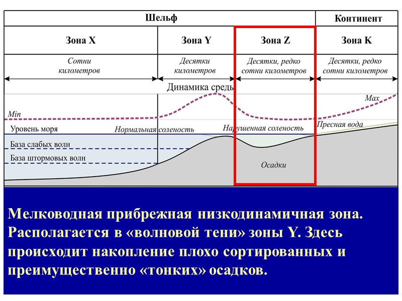 Мелководная прибрежная низкодинамичная зона. Располагается в «волновой тени» зоны Y. Здесь происходит накопление плохо
